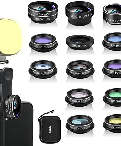 Godefa Phone Camera Lens Kit, 14 in 1 Lenses with Selfie Light for iPhone 14 13 12 11 Xs X Pro Samsung and Other Andriod Smartphone, Universal Clip on Wide Angle+Macro+ Fisheye Camera Lenses