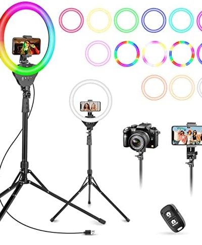 Aureday 12" Selfie Ring Light with Stand and Phone Holder, 15 Color RGB Ring Light with 62" Tripod, Dimmable LED Ringlight for Phone Photography, Live Stream, Creative Videos