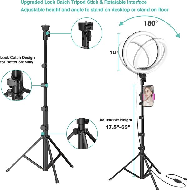 10" Selfie Ring Light with 63" Tripod Stand & Phone Holder for Live Stream/Makeup,Upgraded Dimmable Led Ring light with Remote for YouTube/TikTok/Zoom Calls/Photography, Compatible with iPhone/Android - Image 2