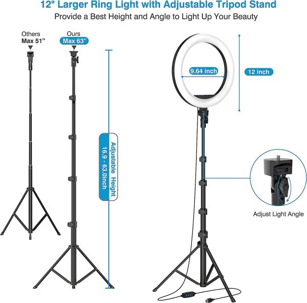 12" Selfie Ring Light with 63" Adjustable Tripod Stand and Phone Holder, LED Dimmable Ringlight with Remote, for Live Stream/Photography/Makeup/YouTube Video, Compatible with Cell Phones, Cameras - Image 3