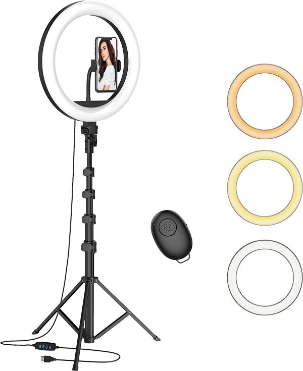12" Selfie Ring Light with 63" Adjustable Tripod Stand and Phone Holder, LED Dimmable Ringlight with Remote, for Live Stream/Photography/Makeup/YouTube Video, Compatible with Cell Phones, Cameras
