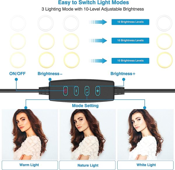 12" Selfie Ring Light with 63" Adjustable Tripod Stand and Phone Holder, LED Dimmable Ringlight with Remote, for Live Stream/Photography/Makeup/YouTube Video, Compatible with Cell Phones, Cameras - Image 2