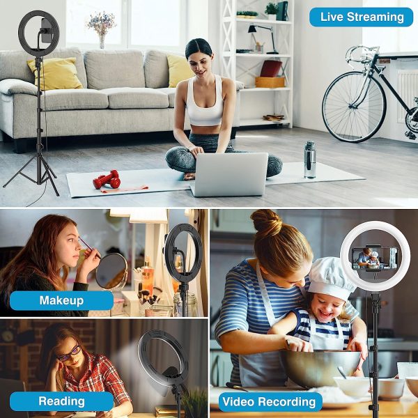 12" Selfie Ring Light with 63" Adjustable Tripod Stand and Phone Holder, LED Dimmable Ringlight with Remote, for Live Stream/Photography/Makeup/YouTube Video, Compatible with Cell Phones, Cameras - Image 6